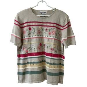 Alfred Dunner Womens Sz XL Tan Floral Embroidered Short Sleeve Sweater Cottage